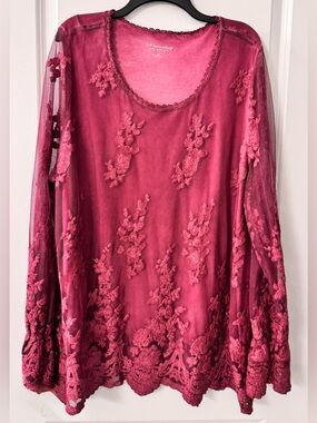 #z182 Soft Surroundings Violetta Embroidered Mesh Layered Tunic Blouse Maroon